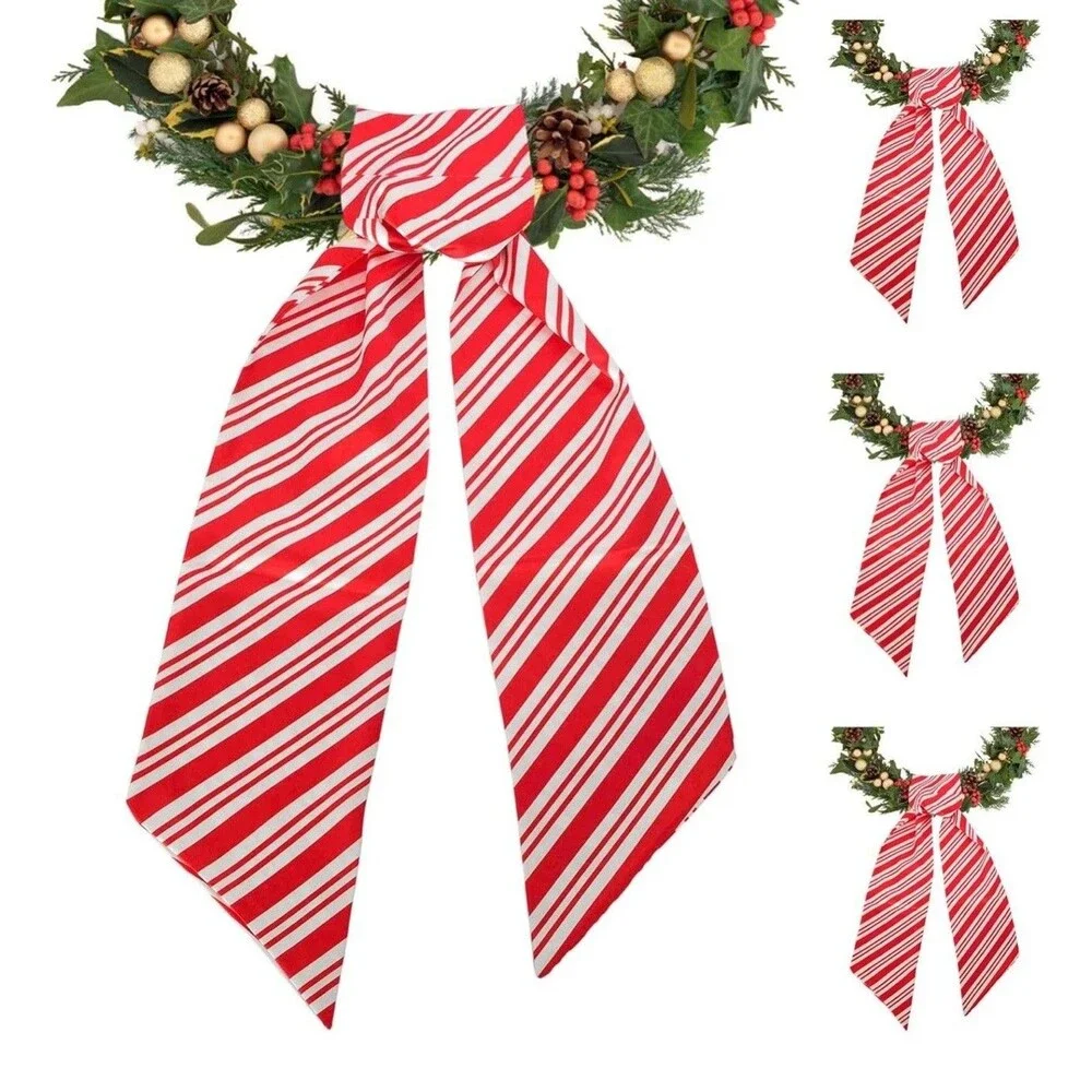 Stranthother 4PCS Candy Cane Christmas Wreath Sash for Front Door Red Bow Scarf